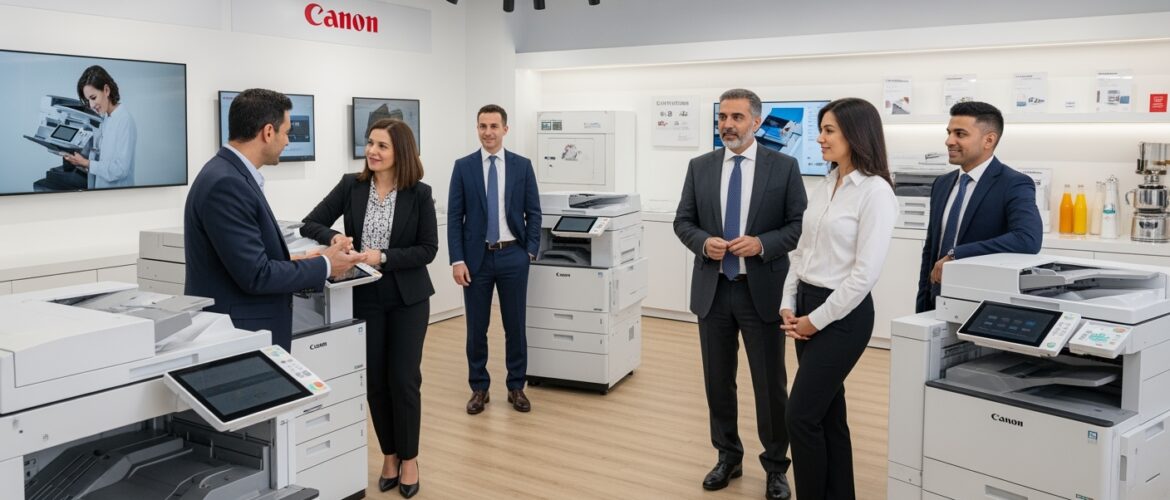 Canon ofisinde kopya başı anlaşması hakkında konuşan iş insanları. Kiralık yazıcılar.
