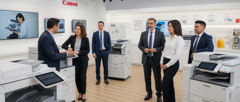 Canon ofisinde kopya başı anlaşması hakkında konuşan iş insanları. Kiralık yazıcılar.